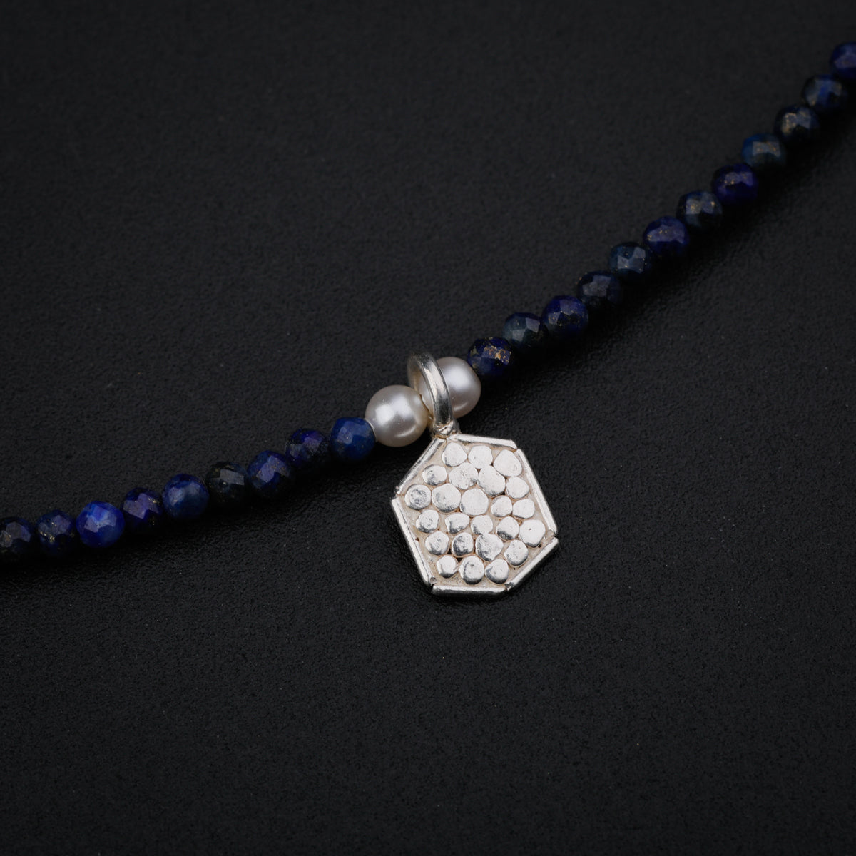 Silver Hammered Hexagonal Multi Charm Necklace with Lapis Lazuli