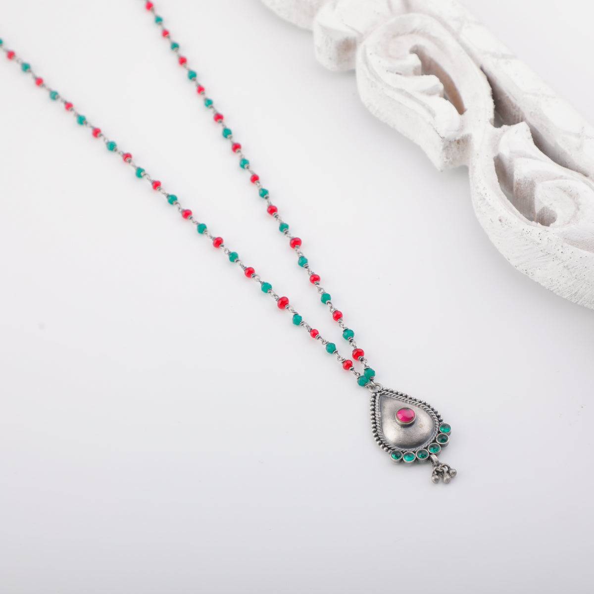 Silver Drop Motif Necklace with Green Onyx and Ruby