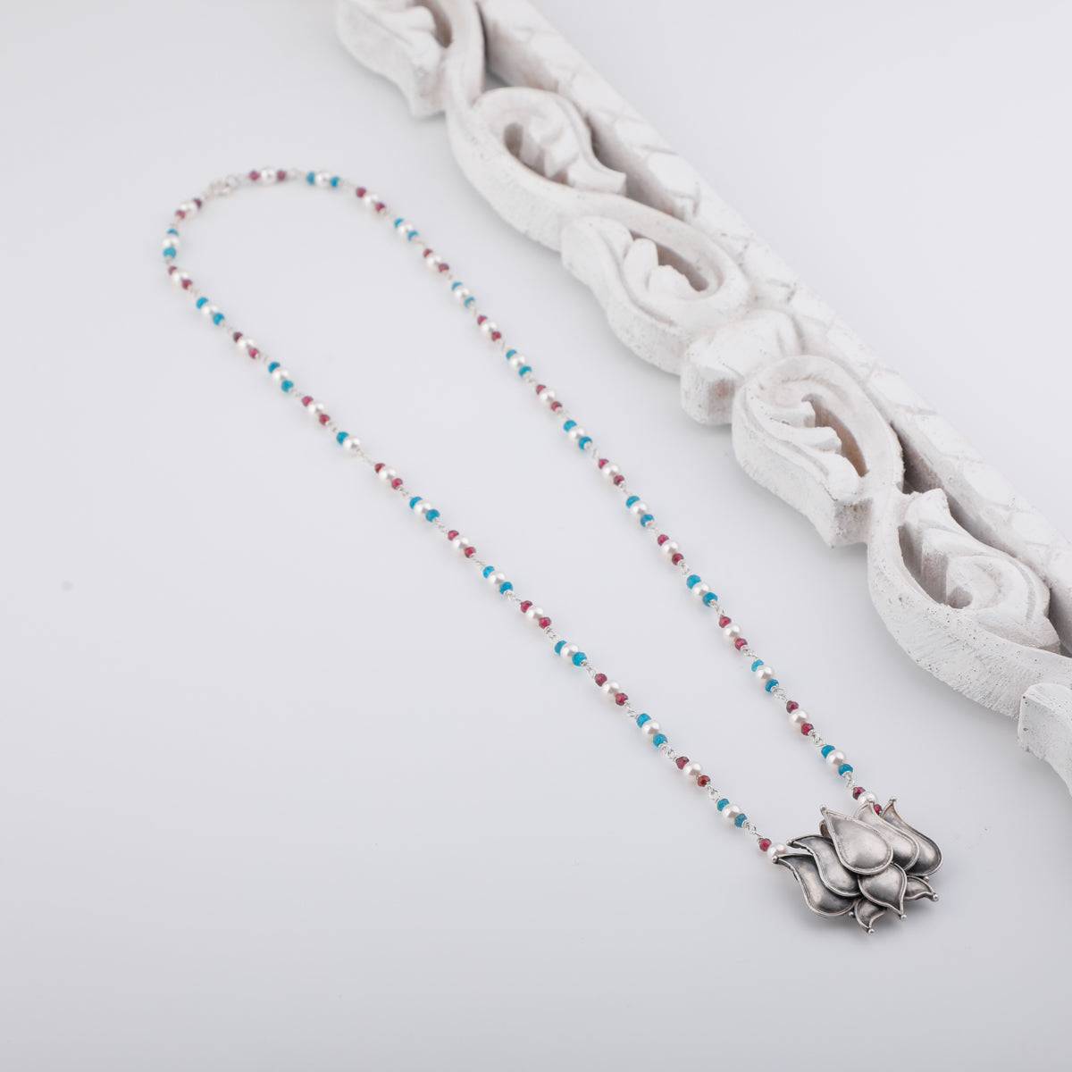 Silver Lotus Pendant Necklace with Chalcedony, Garnet and Pearls