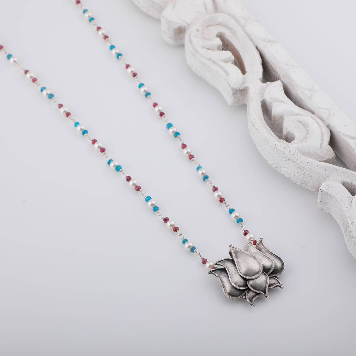 Silver Lotus Pendant Necklace with Chalcedony, Garnet and Pearls