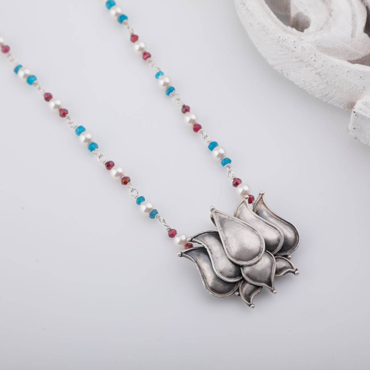 Silver Lotus Pendant Necklace with Chalcedony, Garnet and Pearls