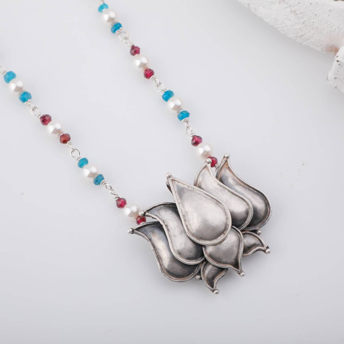 Silver Lotus Pendant Necklace with Chalcedony, Garnet and Pearls