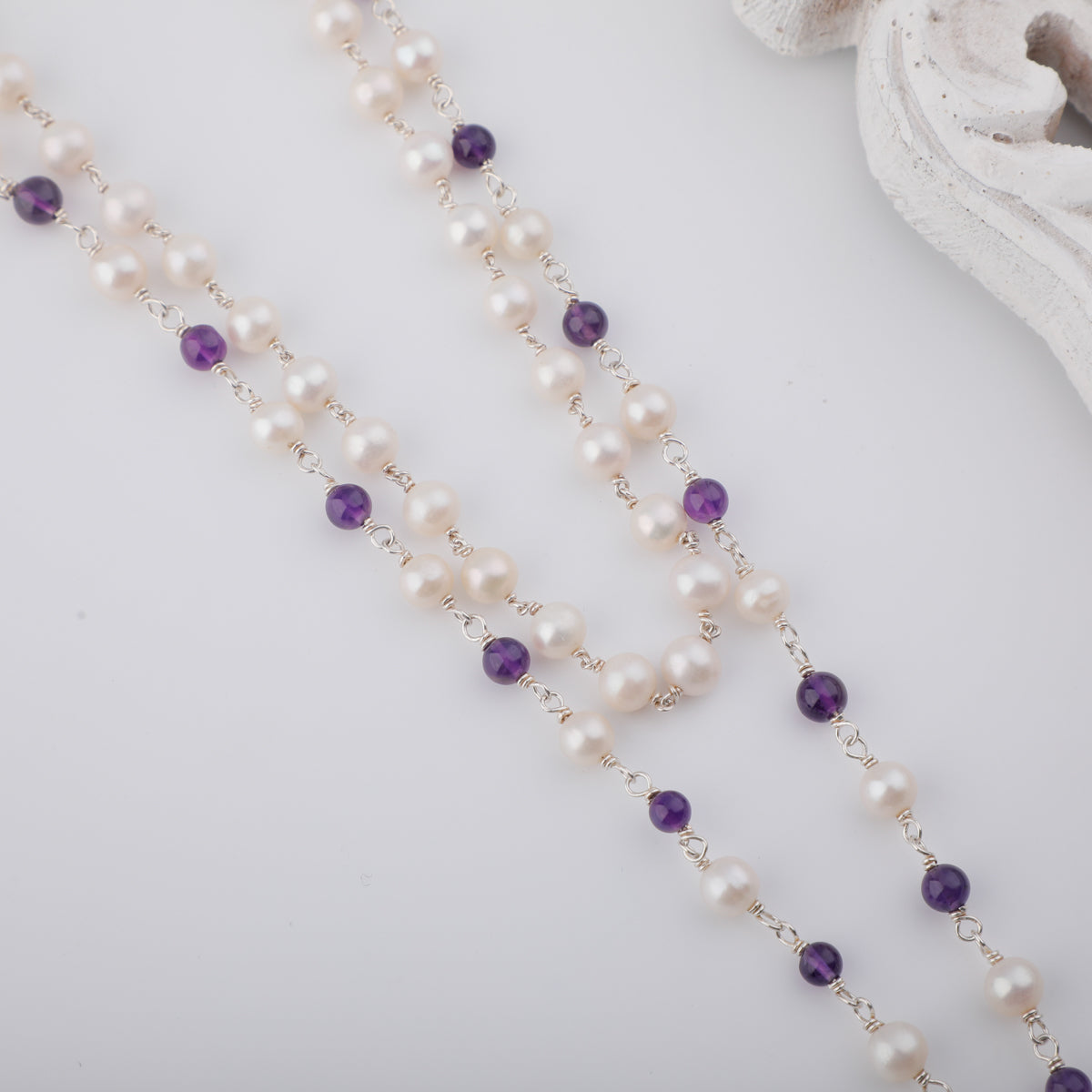 Soorajmukhi Flower Silver Pendant Necklace with Cream Pearl and Amethyst