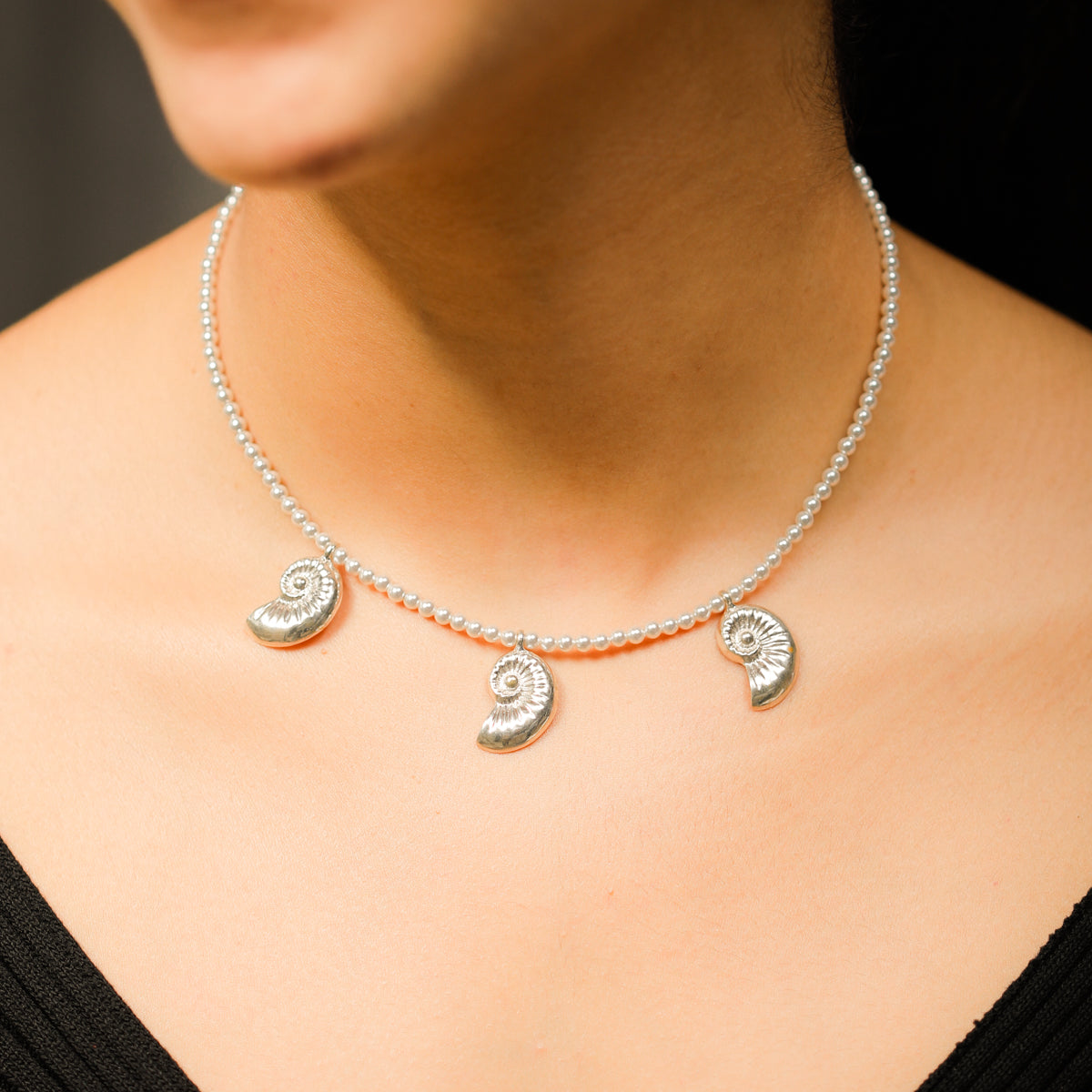 Silver Shell Necklace with Pearls