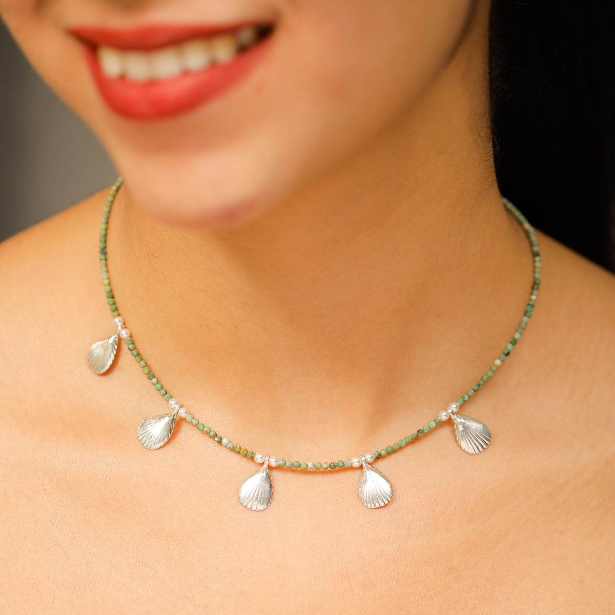 Silver Shell Necklace with Turquoise and Pearls