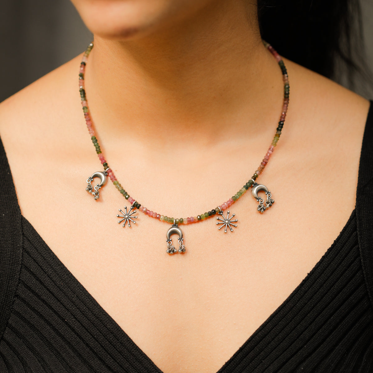 Silver 5 Charm Necklace with Tourmaline