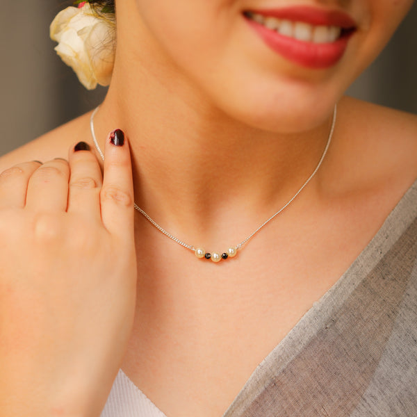 Cream Pearls & Black Spinel Chain Mangalsutra | 92.5 Silver