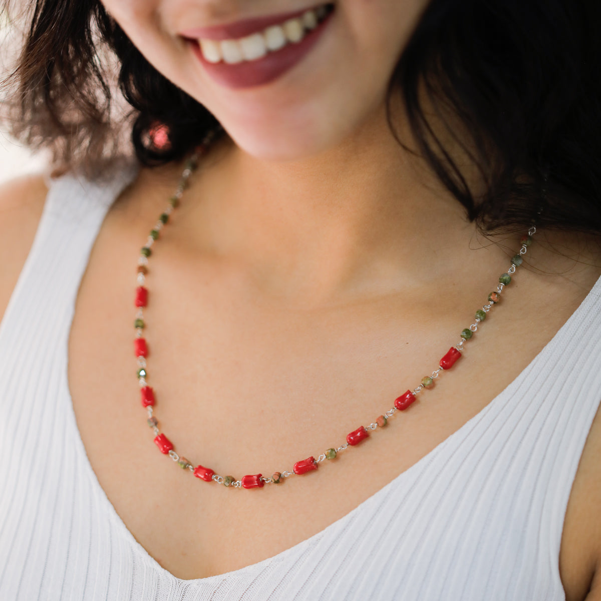 Unakite and Coral Tulips Silver Necklace