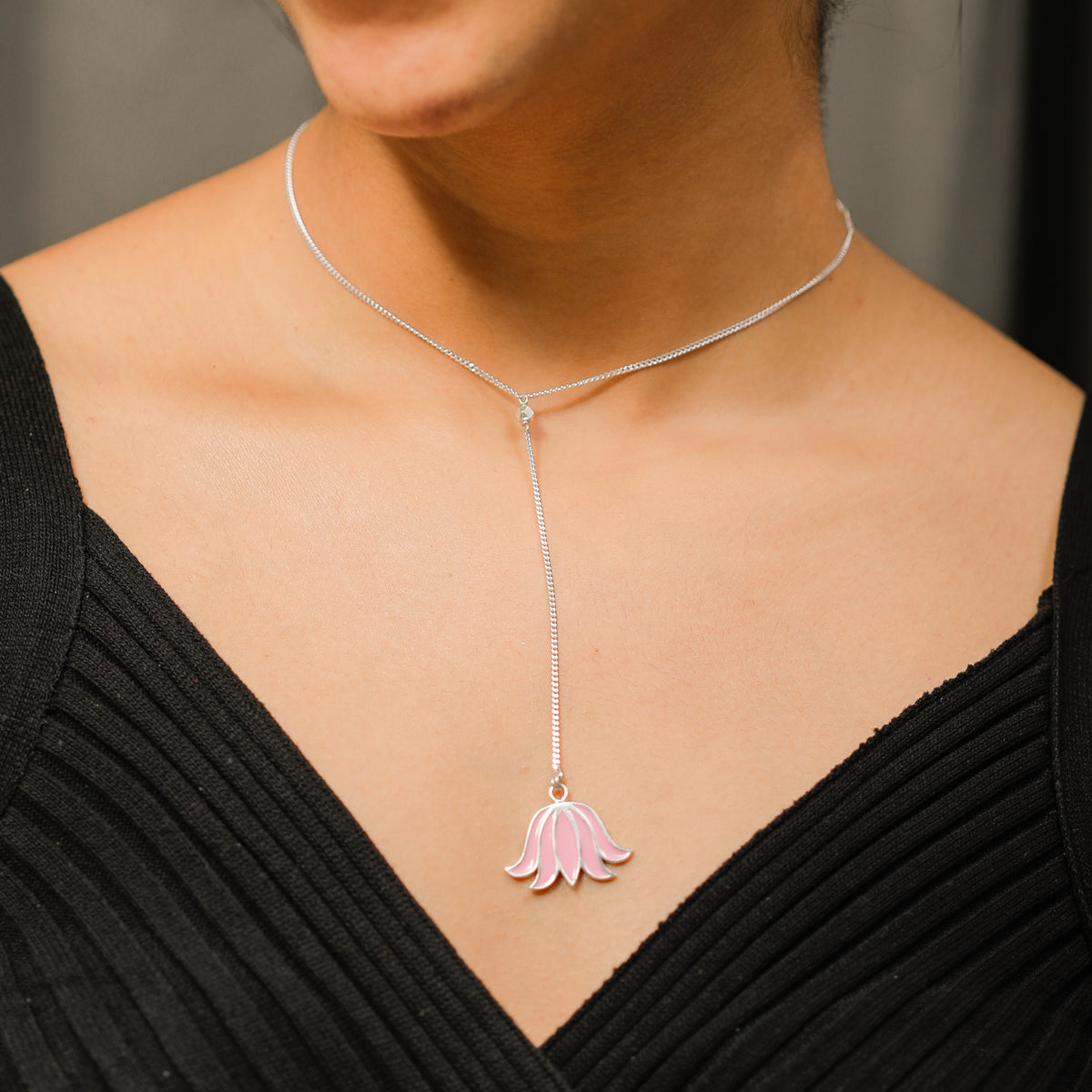 Y Necklace with Pink Lotus Motif