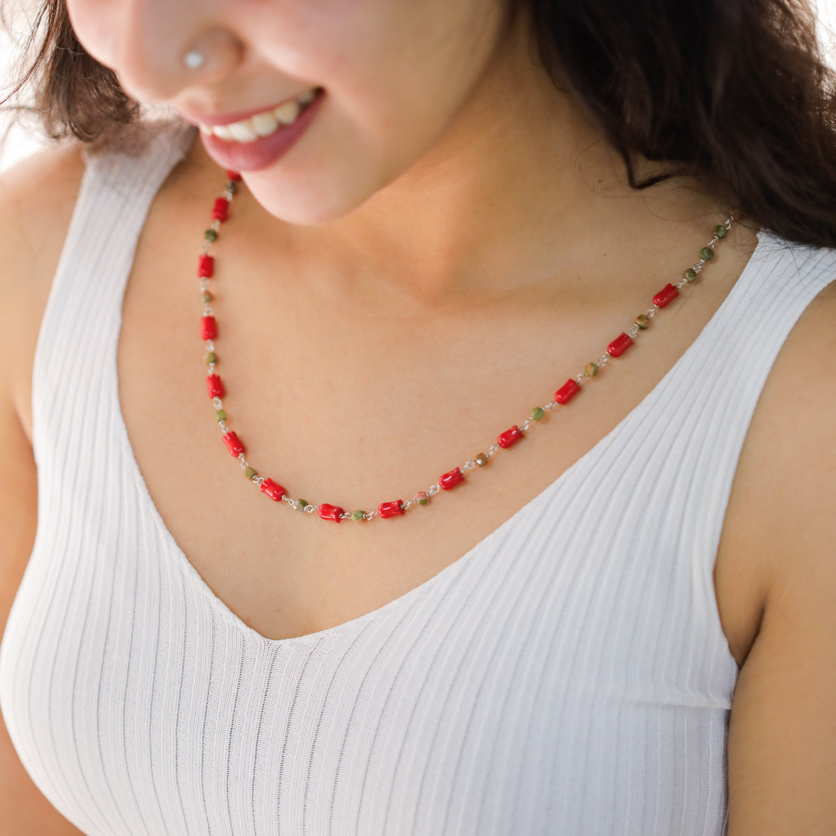 Unakite and Coral Tulips Silver Necklace