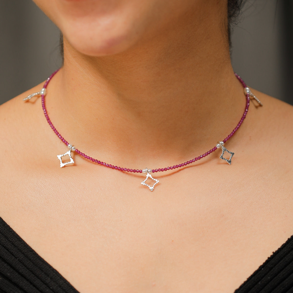 Silver Multi Charm Necklace with Ruby