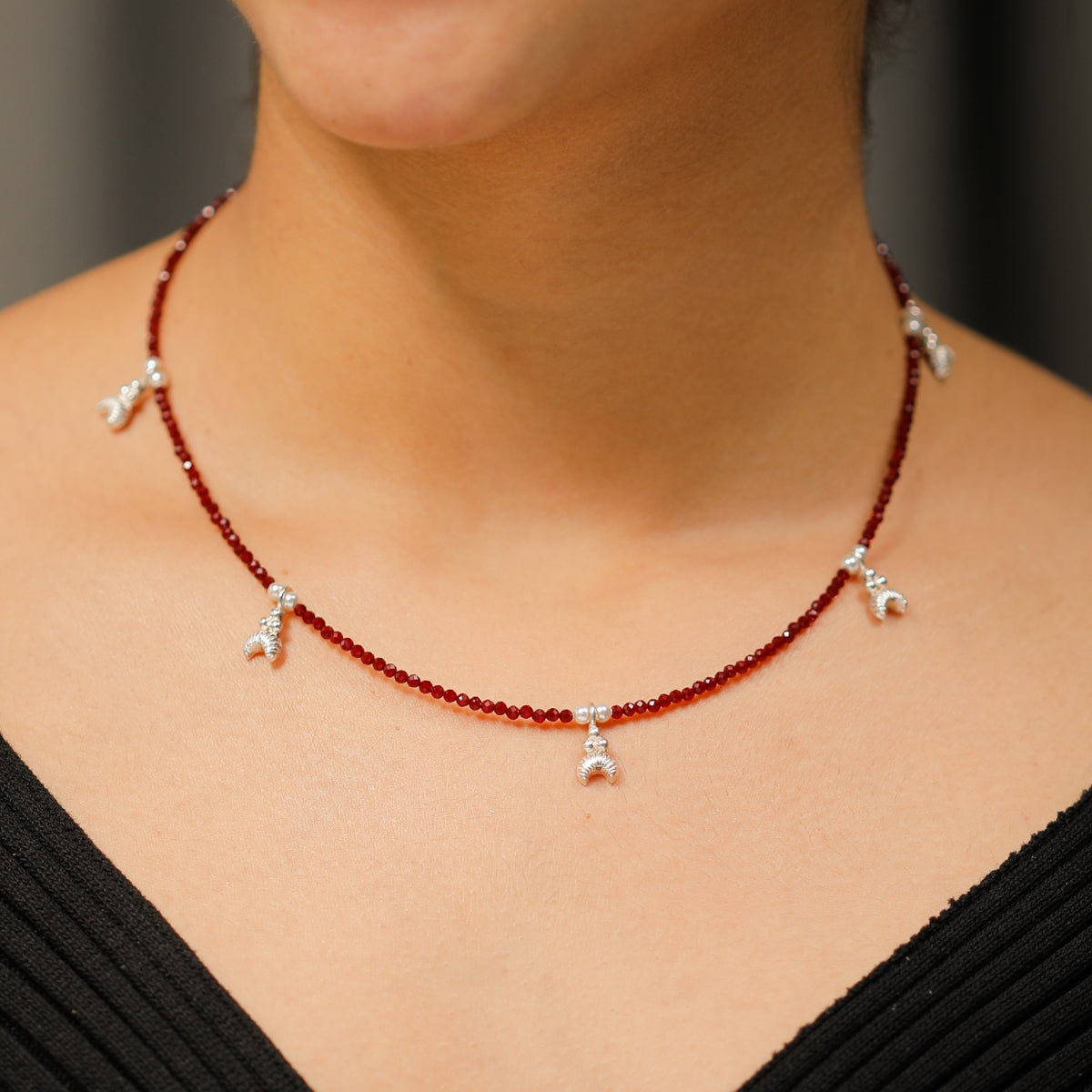 Silver Chandrakor Multi Charm Necklace with Garnet