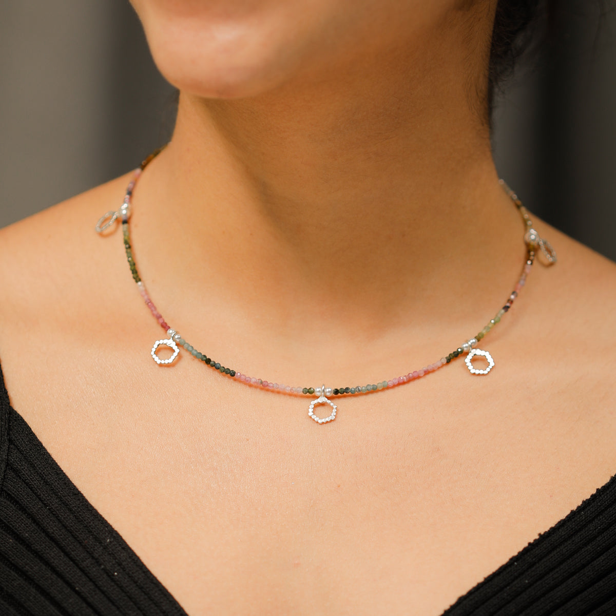 Silver Multi Charm Necklace with Tourmaline