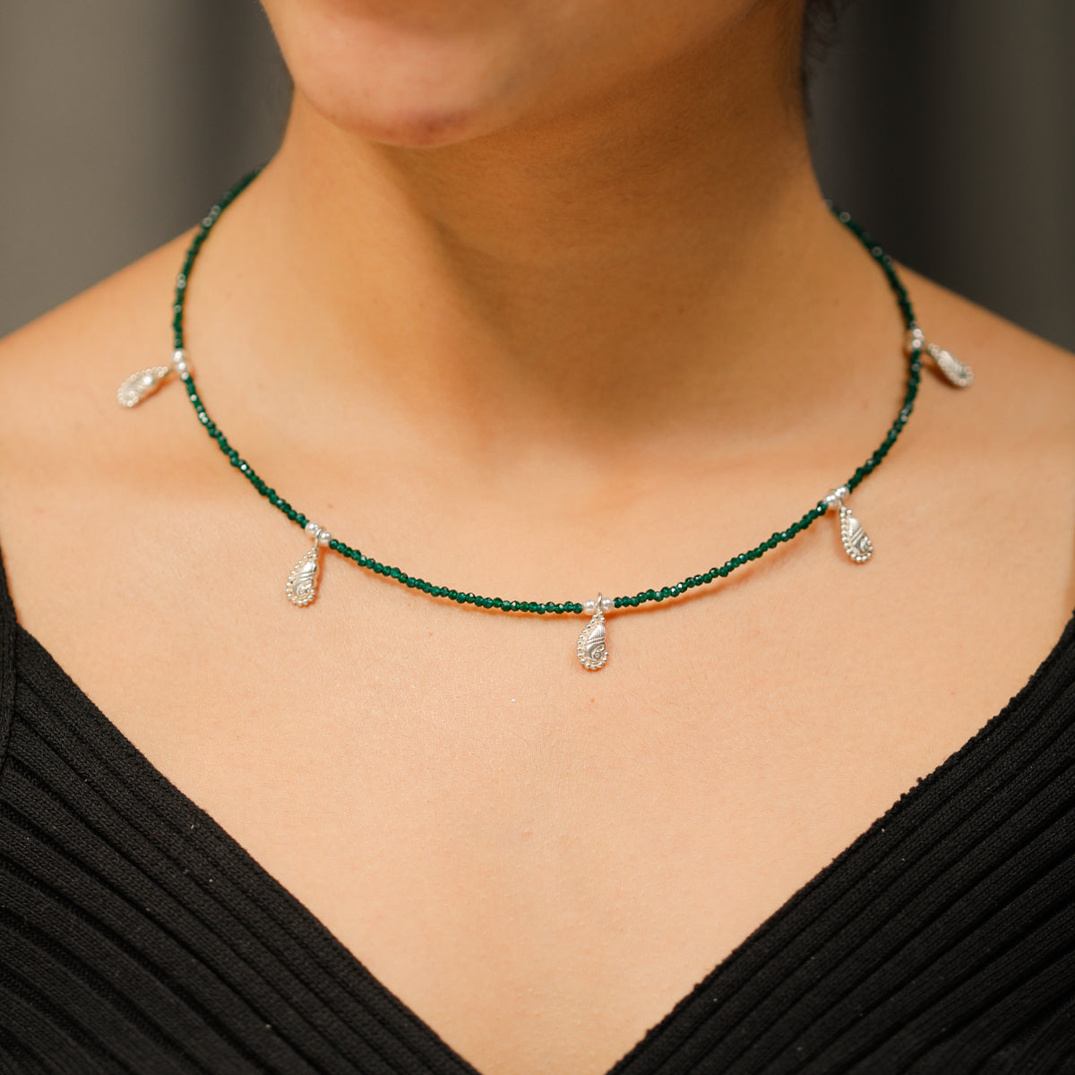 Silver Peacock Multi Charm Necklace with Green Onyx