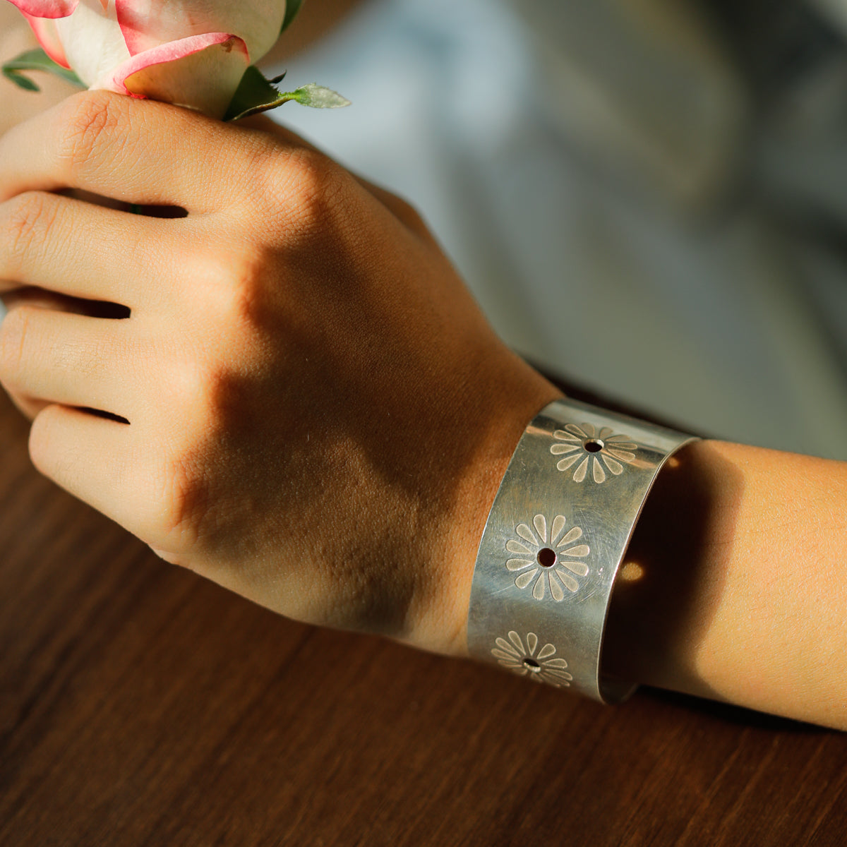 Silver Floral Cuff Bracelet