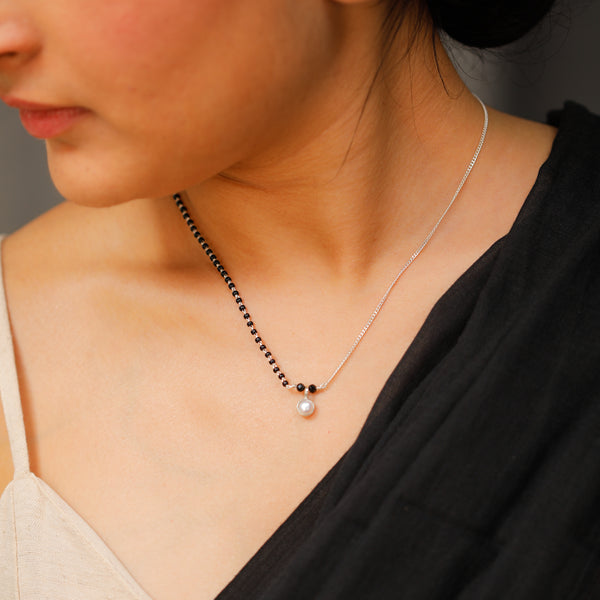 Pearl Drop Mangalsutra with dual-tone beads on silver chain
