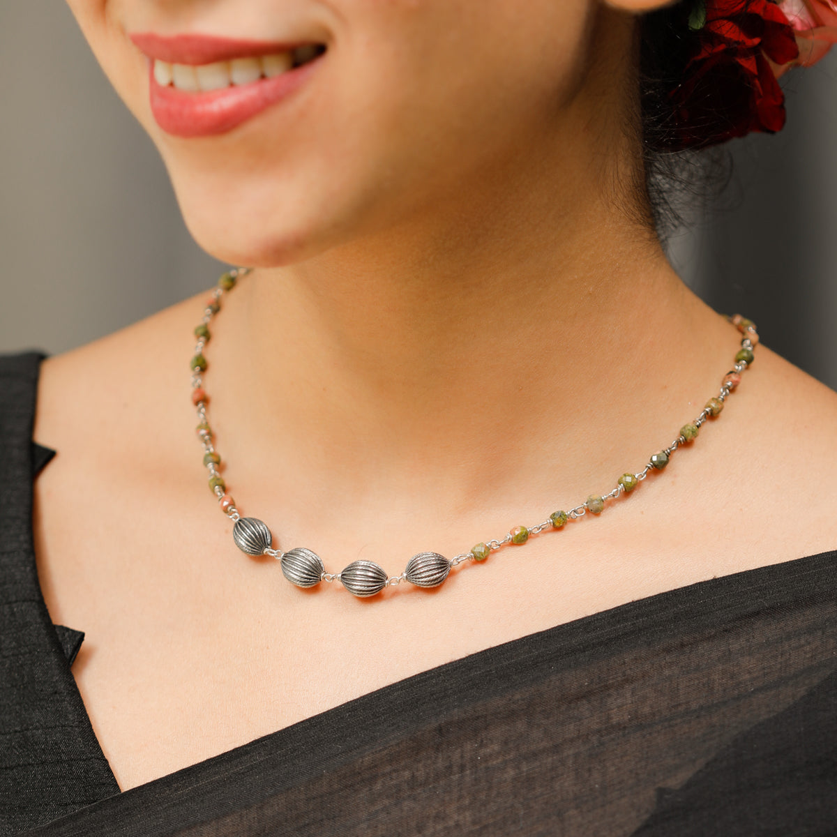 Unakite Stone Necklace with Ganthan Beads