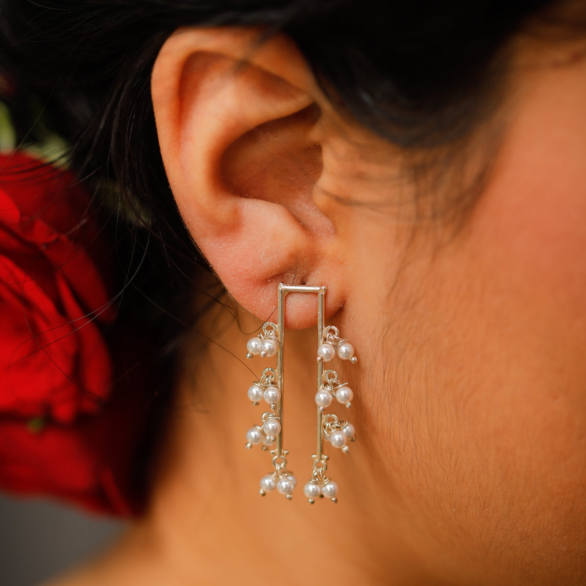 Silver Earring with Pearl Bunches