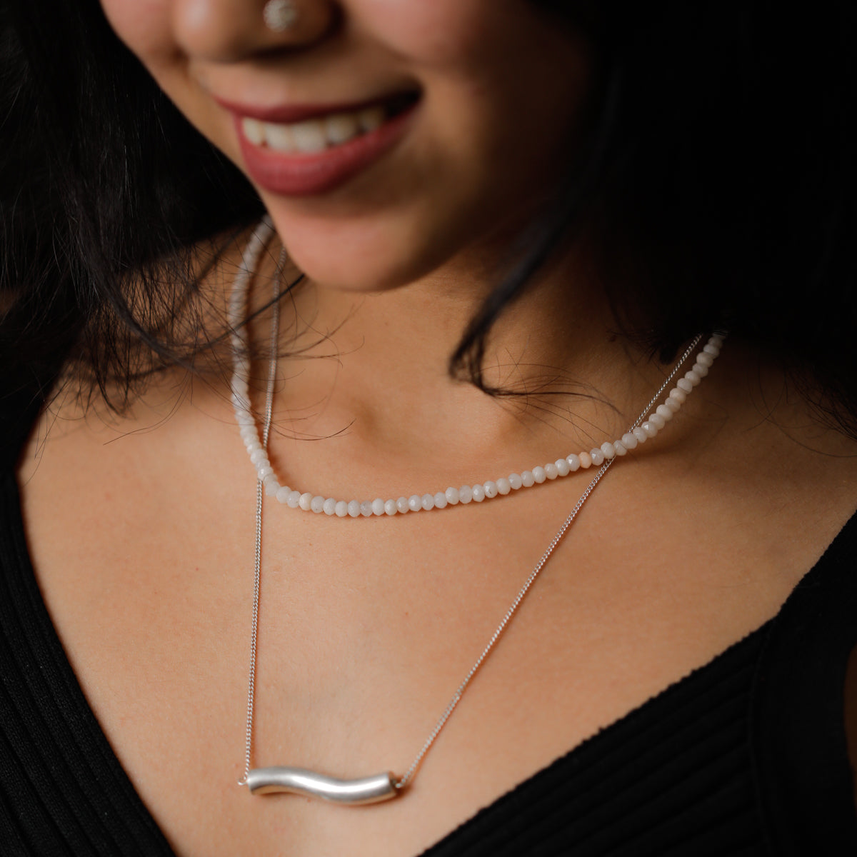 2 layers Silver Necklace with Rose Quartz