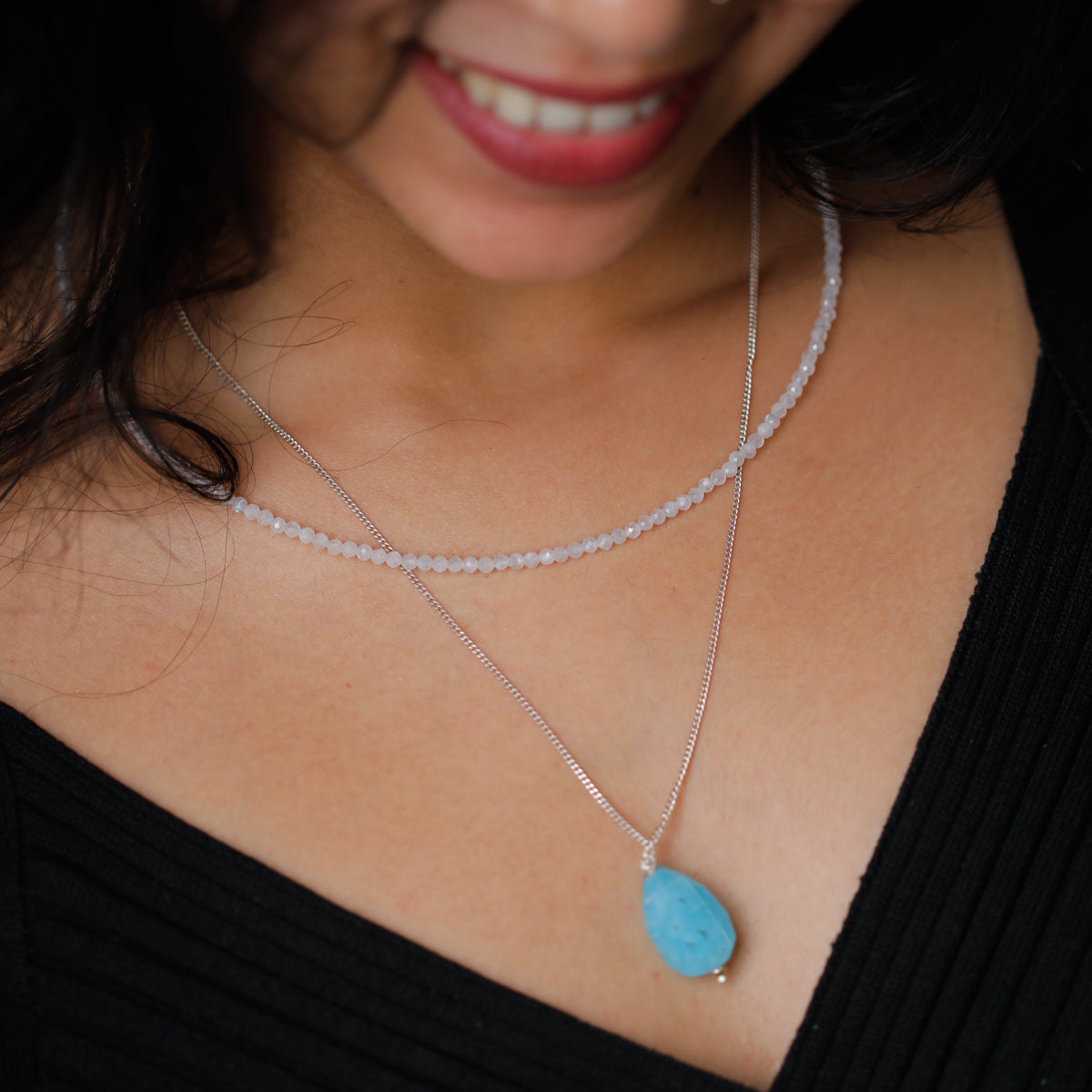 2 layers Silver Necklace with Chalcedony and Moonstones