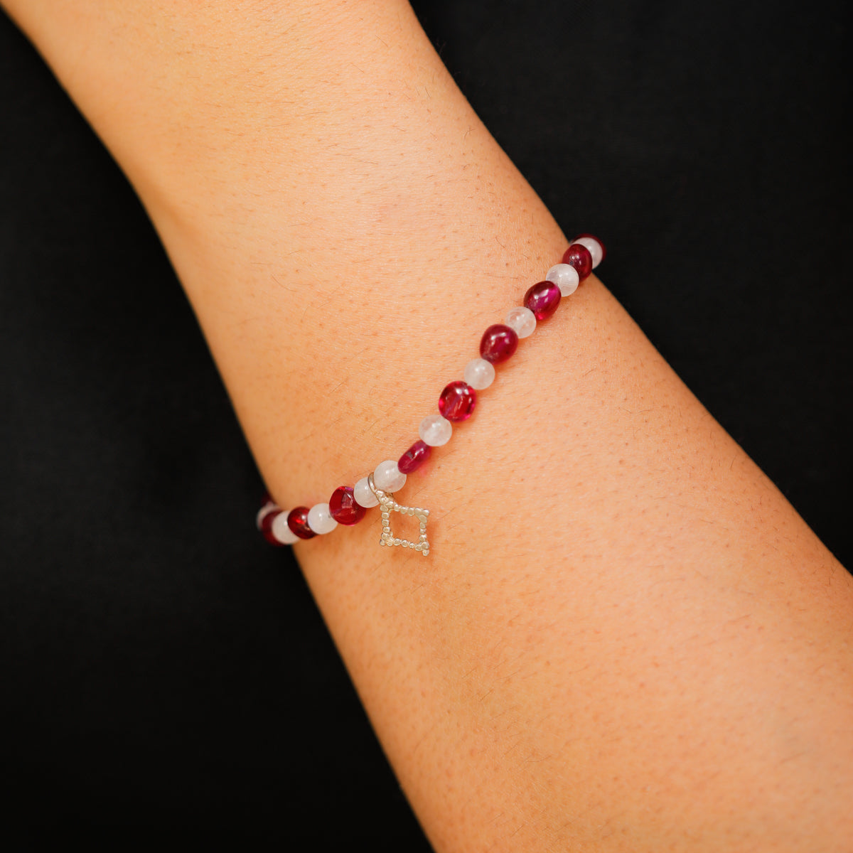 Ruby and Moon Stone Bracelet with Silver Charm