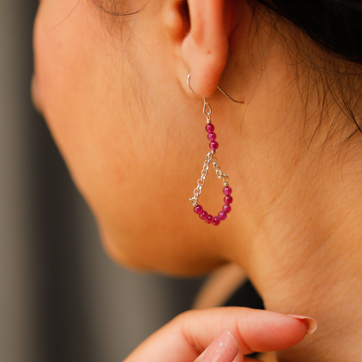 Ruby Beaded Silver Earring