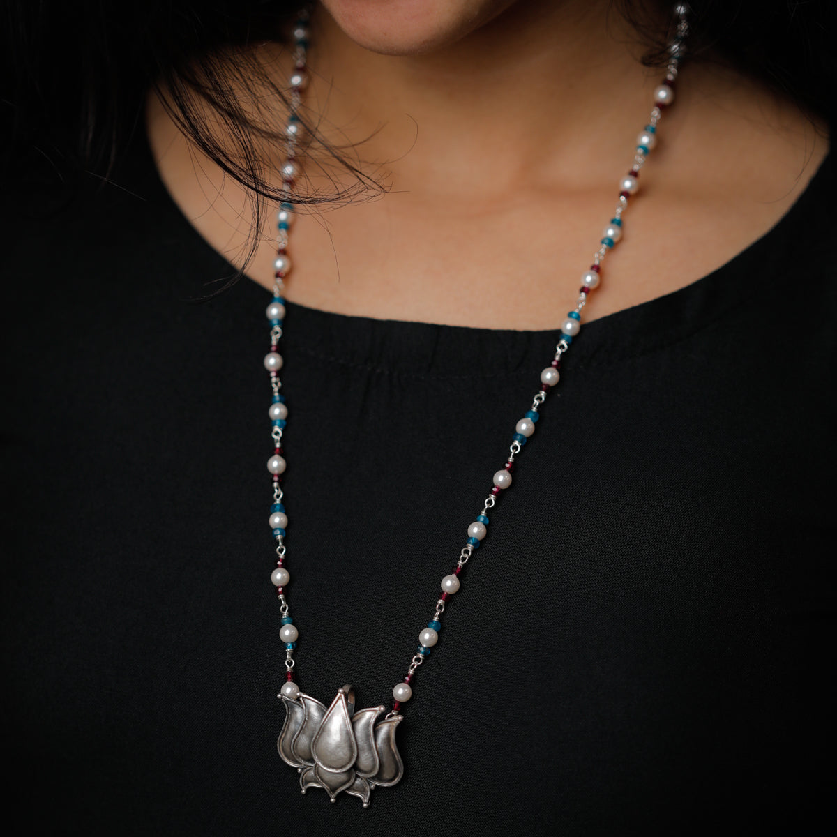 Silver Lotus Pendant Necklace with Chalcedony, Garnet and Pearls