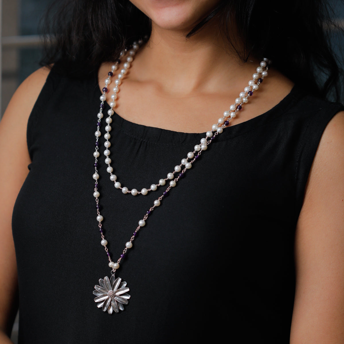 Silver Soorajmukhi Pendant Necklace with Amethyst and Pearls