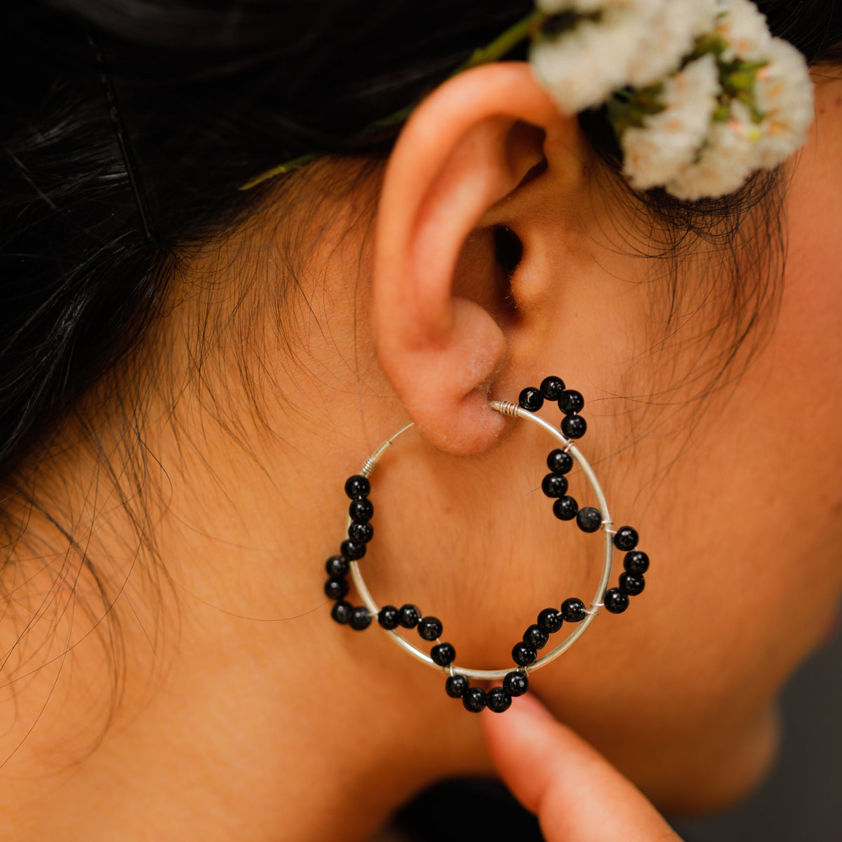 Semi-precious stone handmade hoop earring  ( Black Spinel )