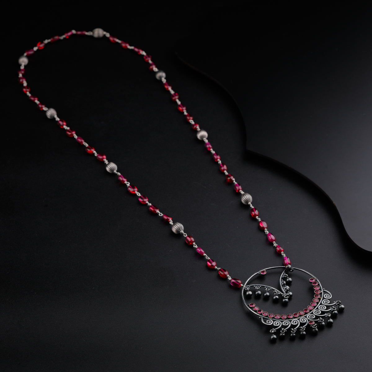 Oxidized Filigree Pendant Necklace with Ruby