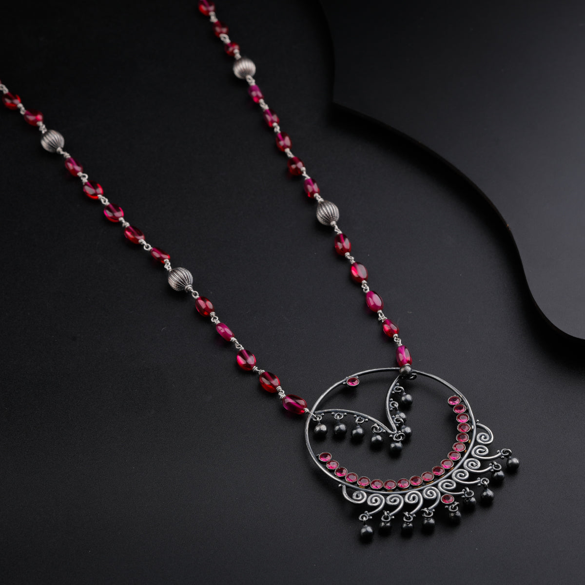 Oxidized Filigree Pendant Necklace with Ruby