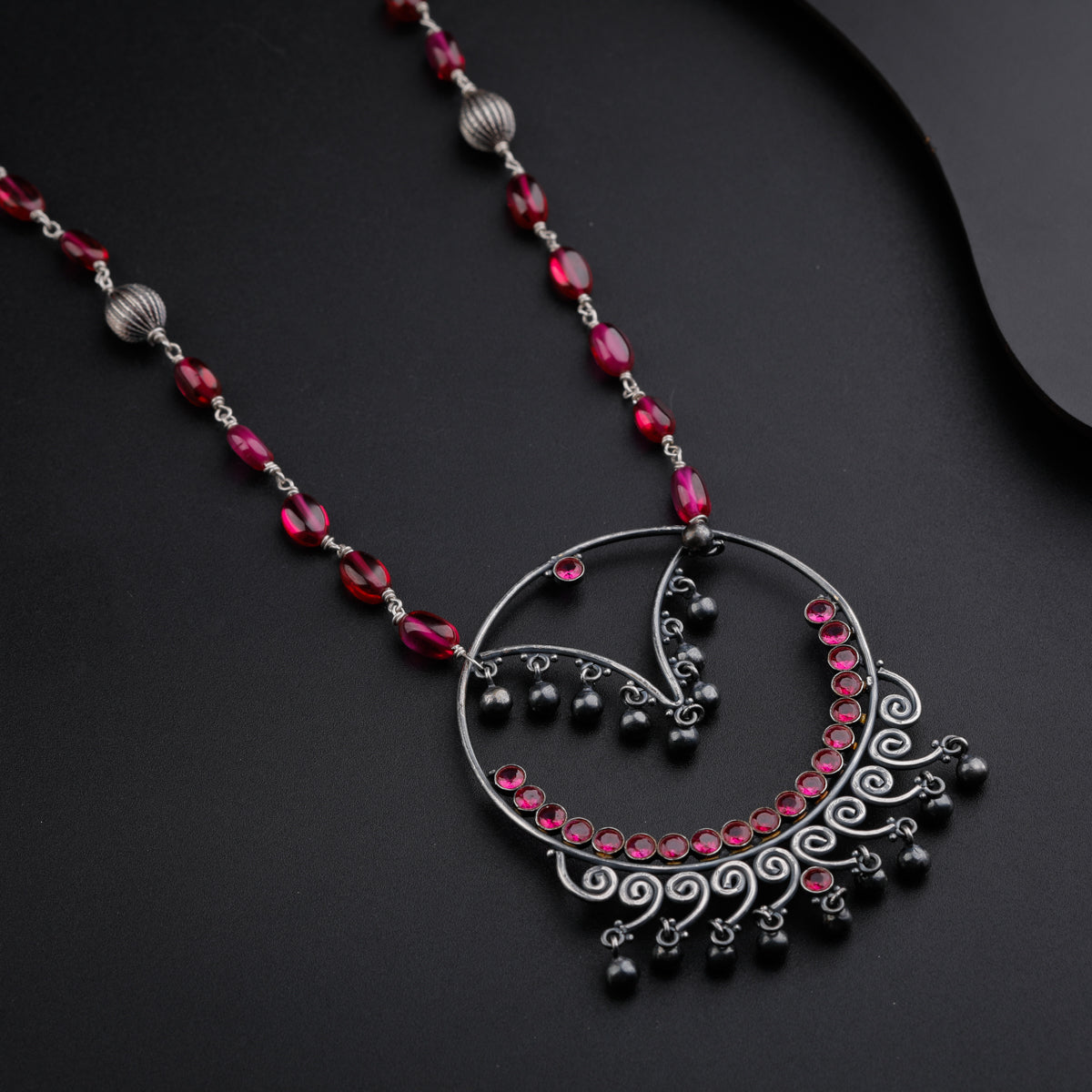 Oxidized Filigree Pendant Necklace with Ruby