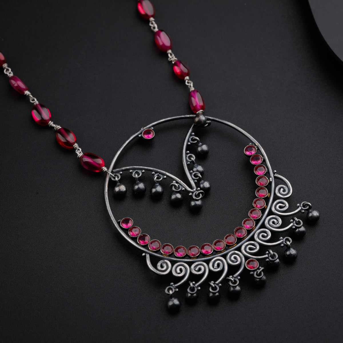 Oxidized Filigree Pendant Necklace with Ruby