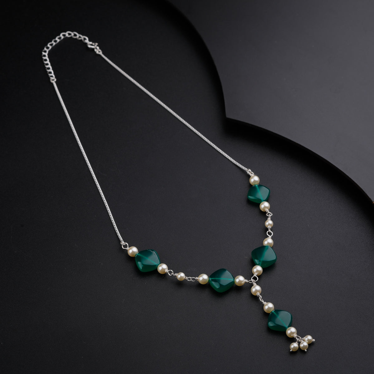 Silver Y Necklace with Green Onyx and Pearl