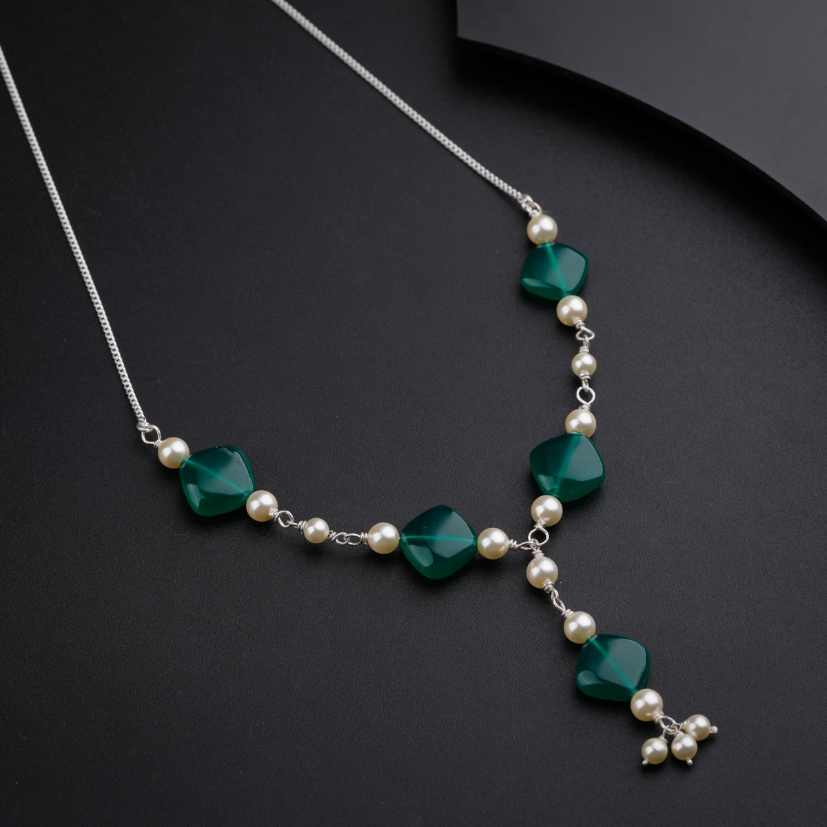 Silver Y Necklace with Green Onyx and Pearl