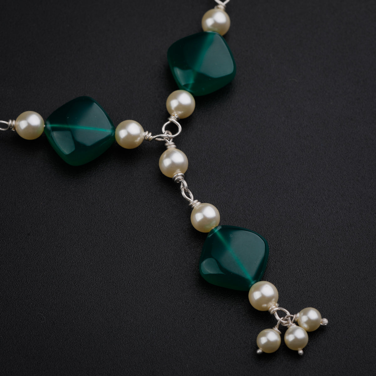 Silver Y Necklace with Green Onyx and Pearl