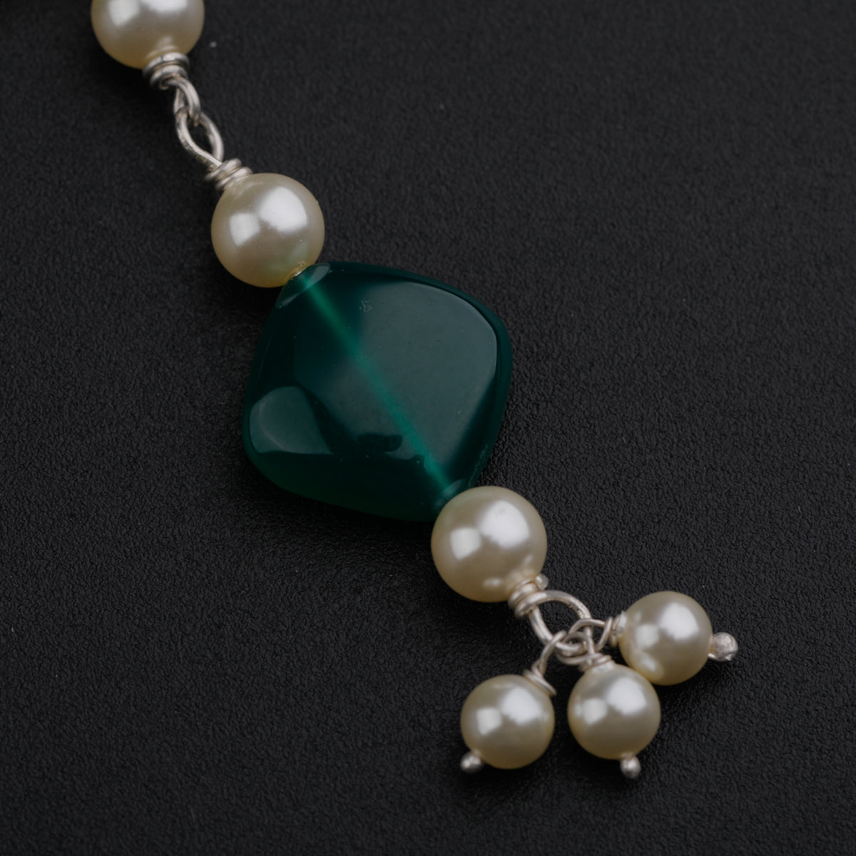 Silver Y Necklace with Green Onyx and Pearl