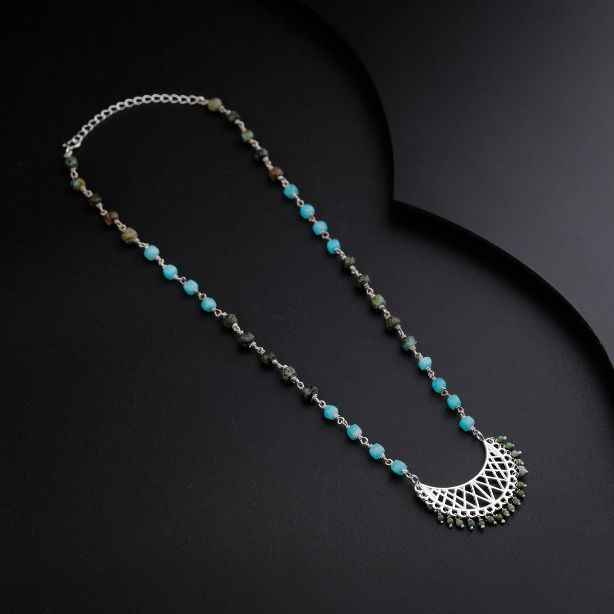 Filigree Chandrakor Pendant Necklace with Tourmaline and Turquoise