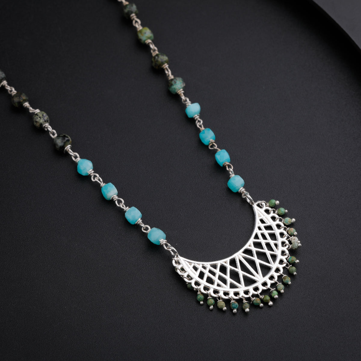 Filigree Chandrakor Pendant Necklace with Tourmaline and Turquoise