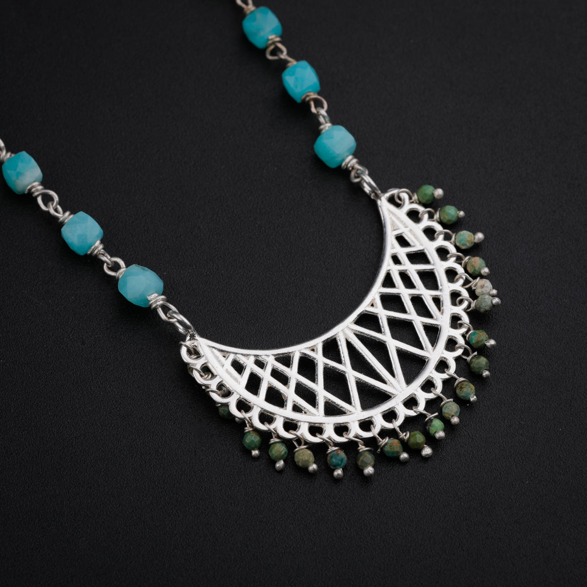 Filigree Chandrakor Pendant Necklace with Tourmaline and Turquoise