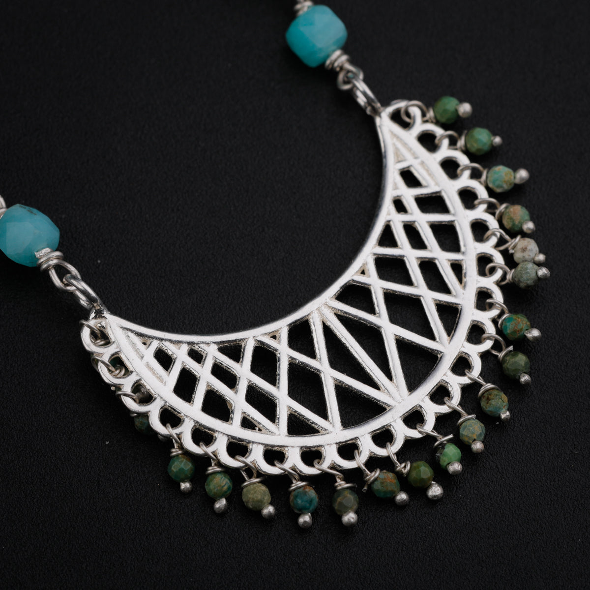 Filigree Chandrakor Pendant Necklace with Tourmaline and Turquoise