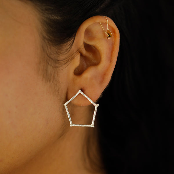Hammered pentagon silver earrings texture detailing