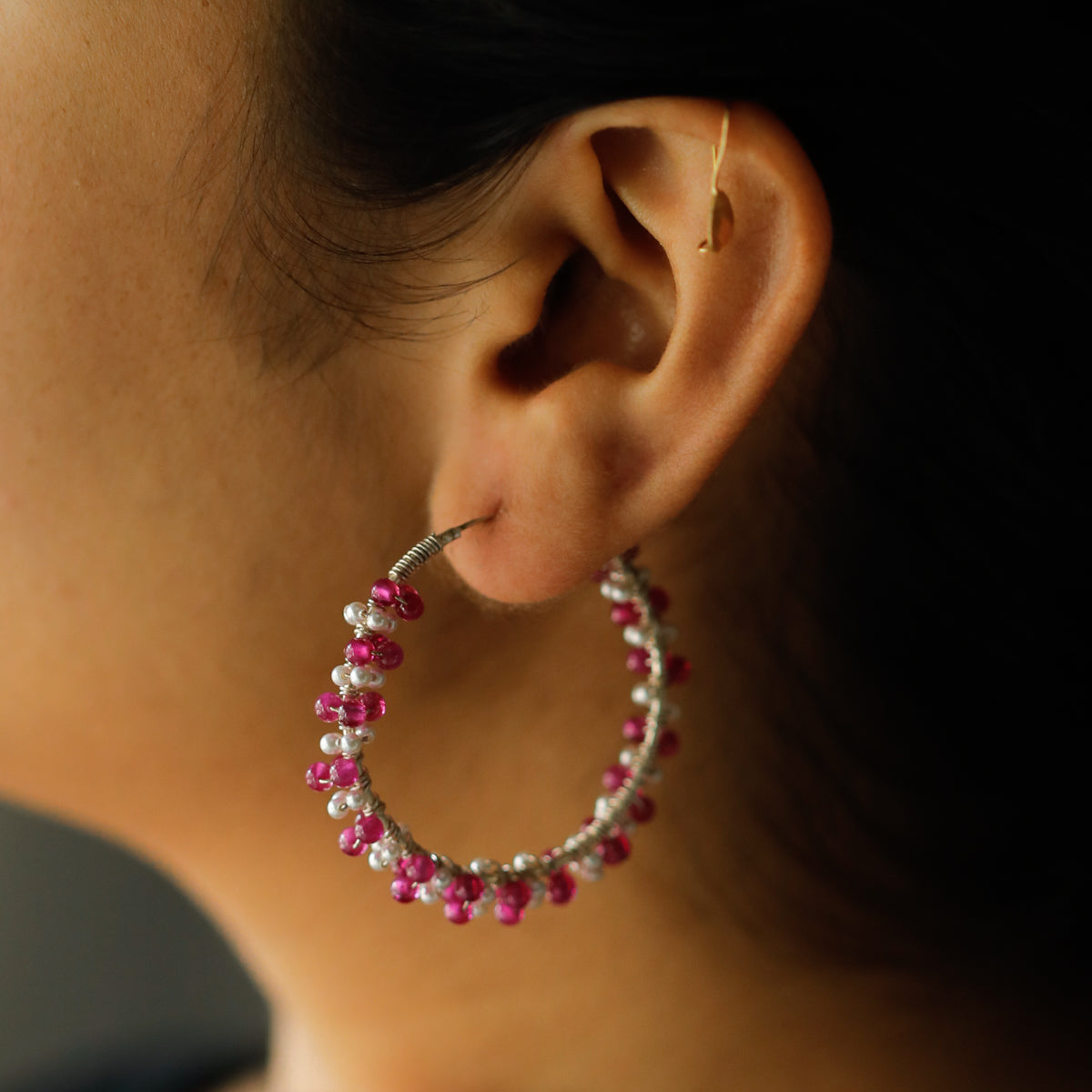 Semi-Precious Stone Hoop Earrings with Lab-Made Rubies & Pearls