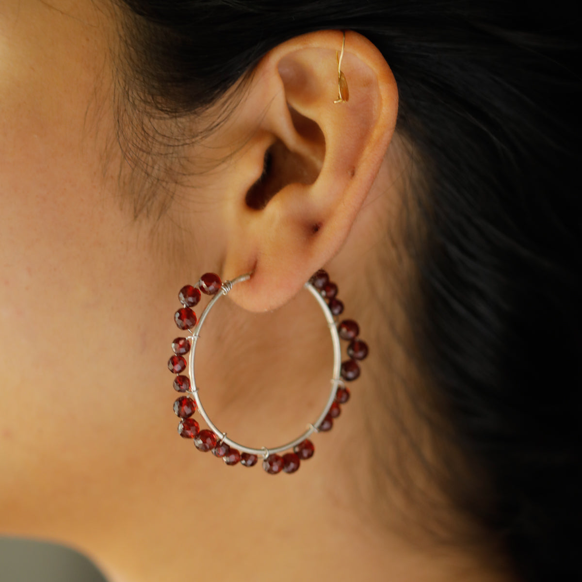 Semi-precious stone handmade hoop earring (Garnet)