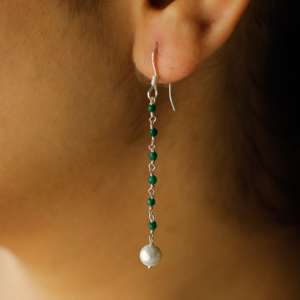 Green Onyx and Pearl Dangler Earrings