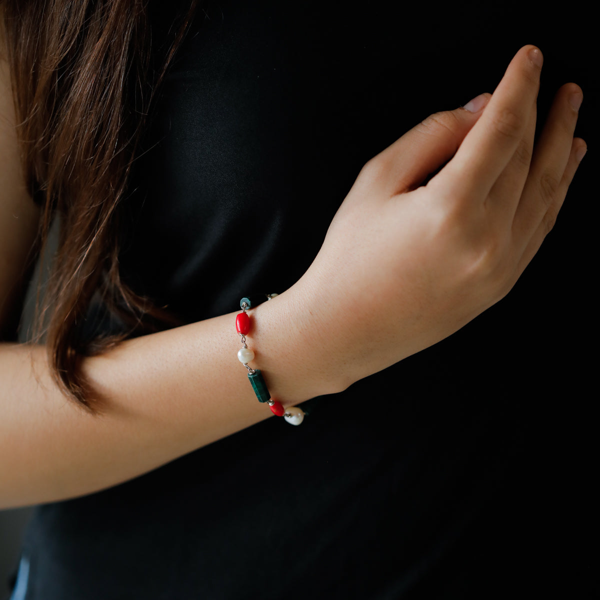 Silver Multicolor Semi-Precious Stones Bracelet with Pearls