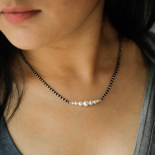 Minimal Pearls Silver Mangalsutra necklace with black beads and pearl accents