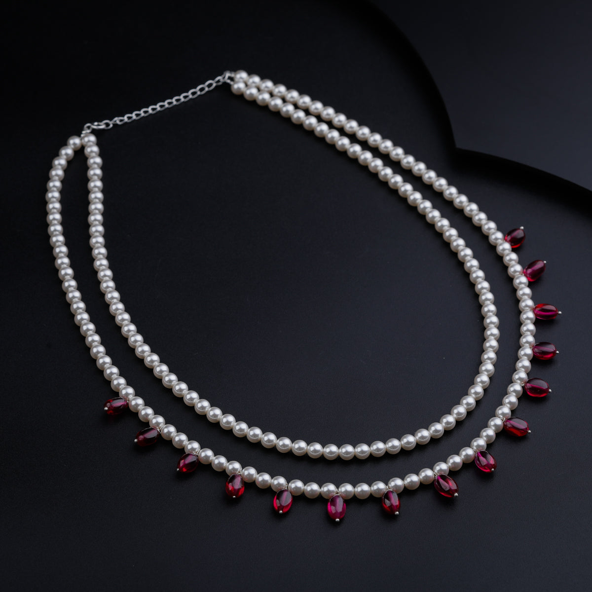 Two Layer Pearl Necklace with Ruby