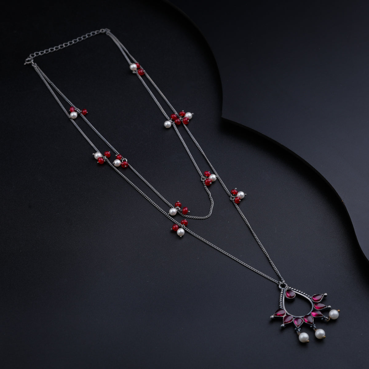 Oxidized Silver Necklace with Ruby and Pearl