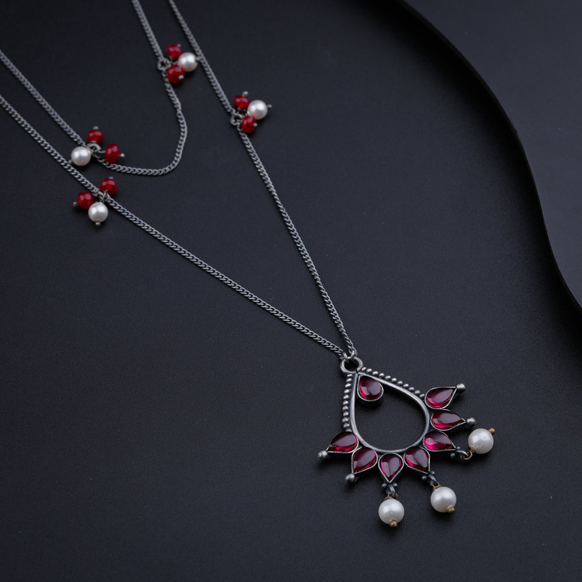 Oxidized Silver Necklace with Ruby and Pearl